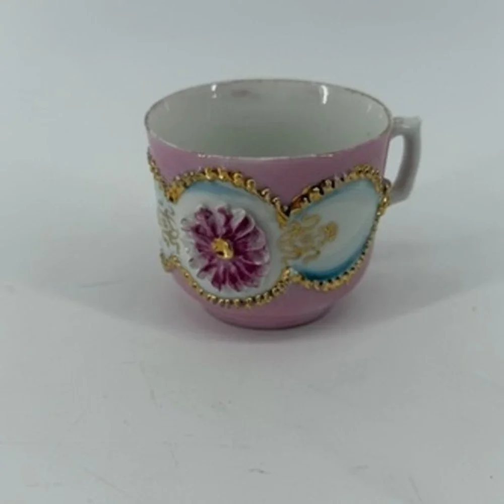 Vintage Pink Porcelain Demitasse Cup 3D Raised Floral Gold Trim Miniature